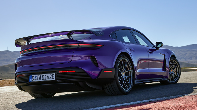 Front 3/4 view of purple Porsche Taycan Turbo GT