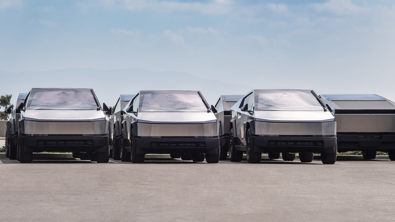 Tesla Cybertrucks lined up for delivery