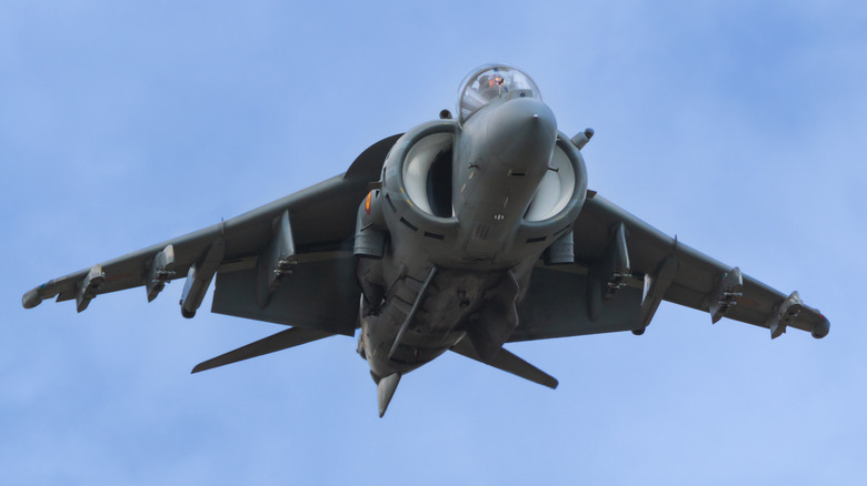 An AV-8B Harrier II in a full hover