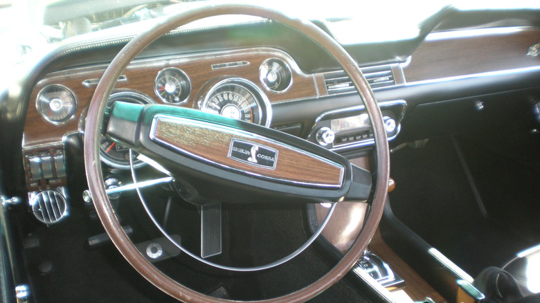 Close shot of interior of Ford Shelby Mustang GT500KR showing steering wheel and dashboard