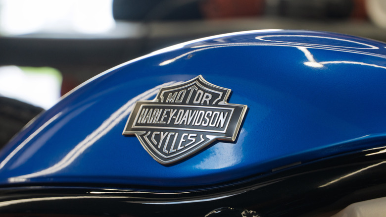 Close up shot of the Harley-Davidson Motorcycle Logo on a blue Gas Tank.