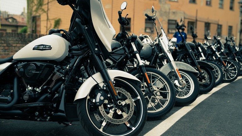 A close-up of Harley Davidson motorcycle on display in Senigallia