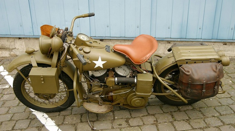 A Harley-Davidson WLA motorcycle parked.