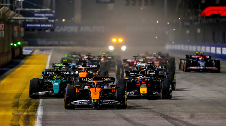 Formula One cars racing in Singapore
