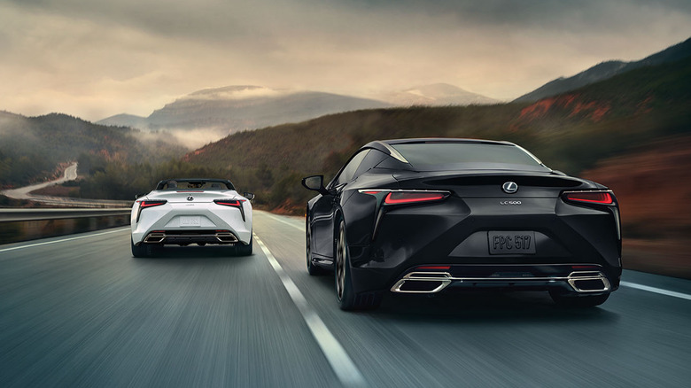 2025 Lexus LC500 and Lexus LC500 speeding on a mountain highway