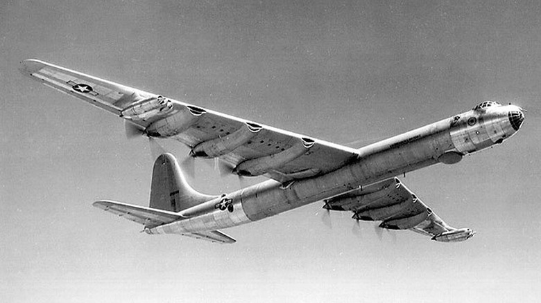 The Convair B-36J Peacemaker aircraft in flight in the 1950s.