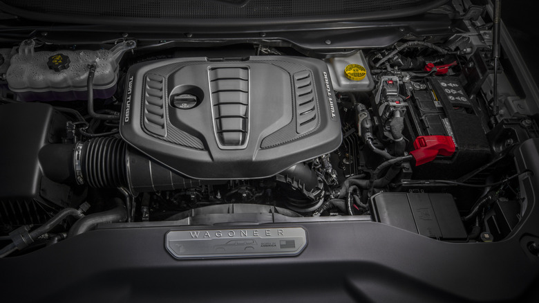 Shot of the Jeep Wagoneer's twin-turbo V6 Hurrican engine