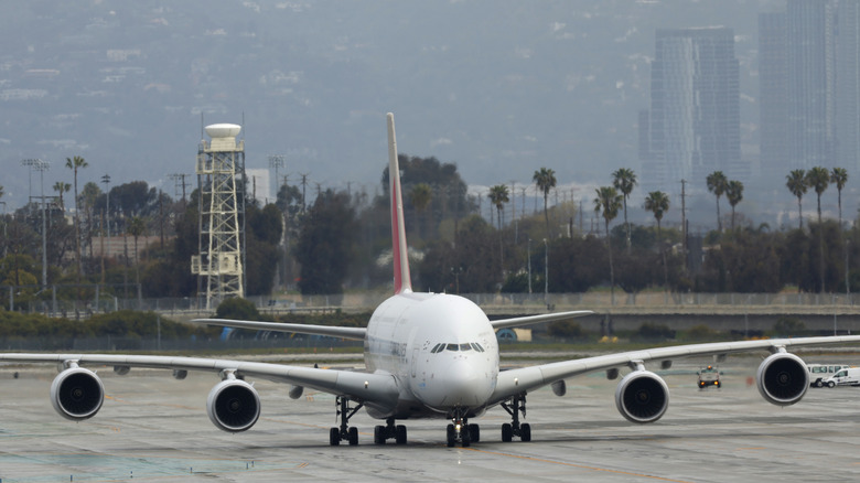 An airbus A380 on a runway in Los Angeles
