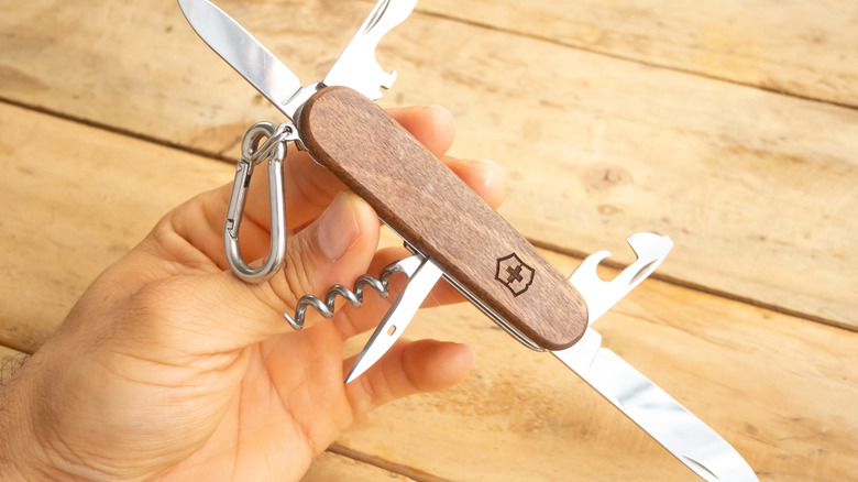 Person holding Victorinox knife with wooden handle
