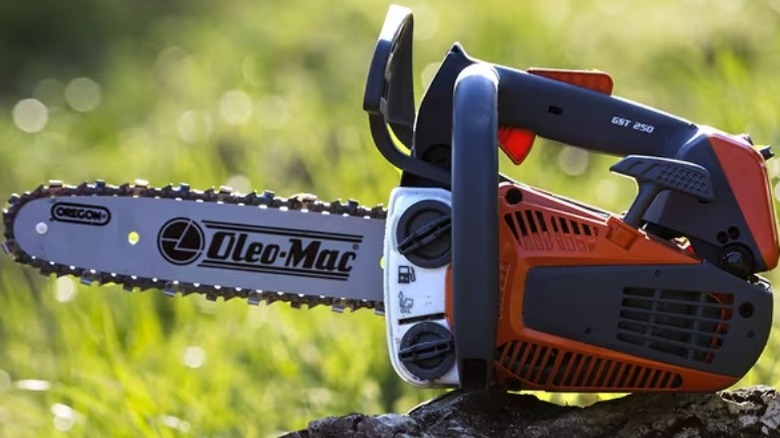 Chainsaw sitting on log