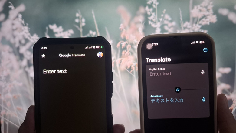 Two phones showing Google Translate and Apple Translate