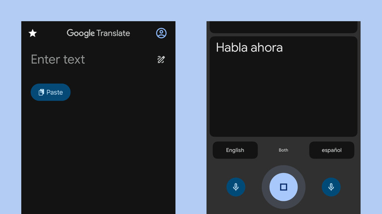 Google Translate app showing home screen and conversation screen