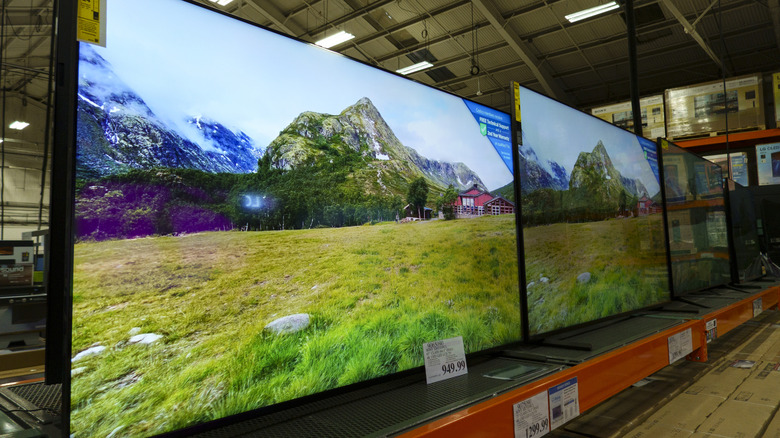 Sony LED TVs on display in a row at a Costco retail store