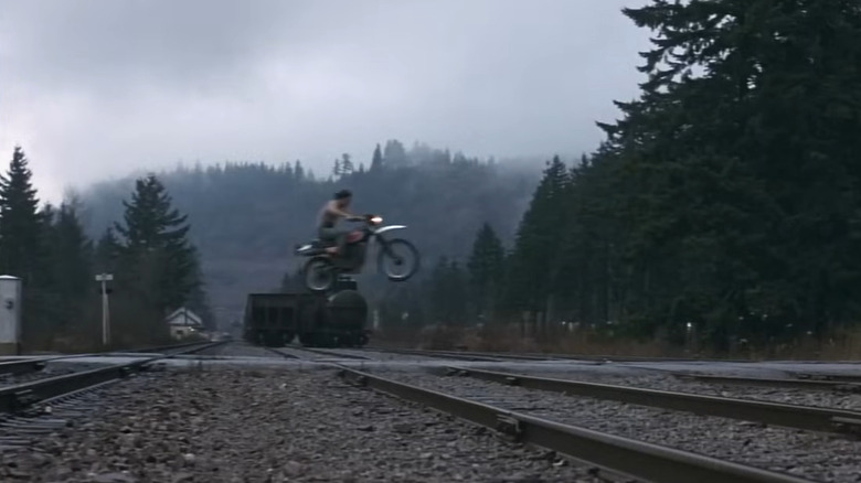 Rambo doing a stunt on a Yamaha XT250 in "First Blood."