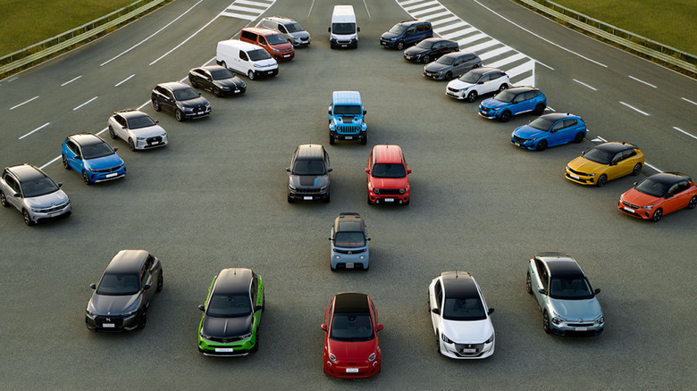 Multiple Stellantis cars parked in the middle of a road