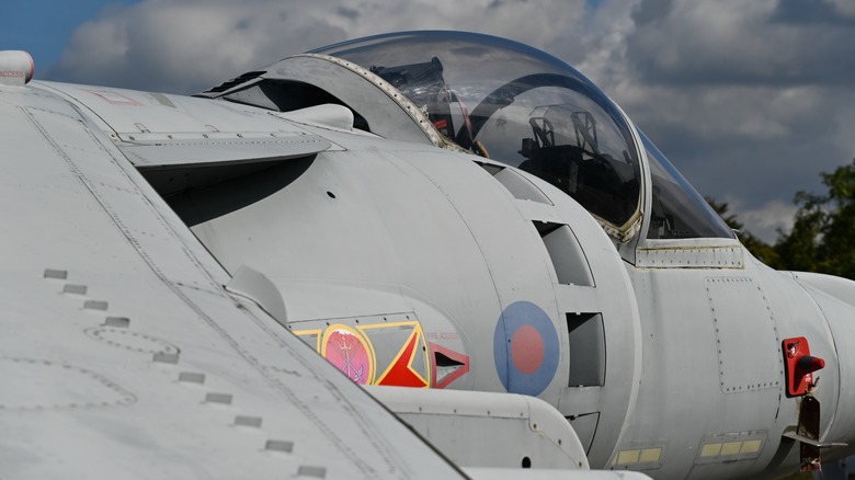 A close-up across the wing toward the canopy and cockpit of a Harrier GR9