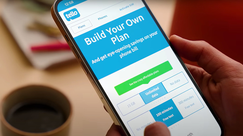 Tello build your own plan page on a smartphone screen