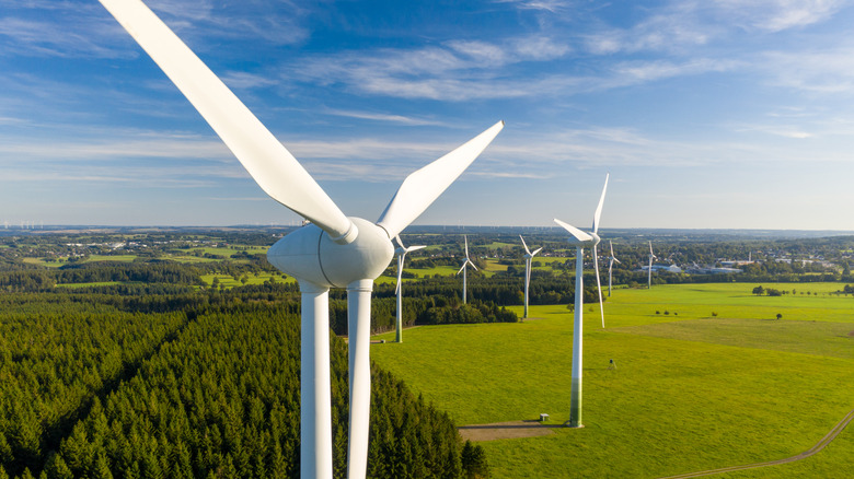 A shot of wind turbines on a clear and sunny day