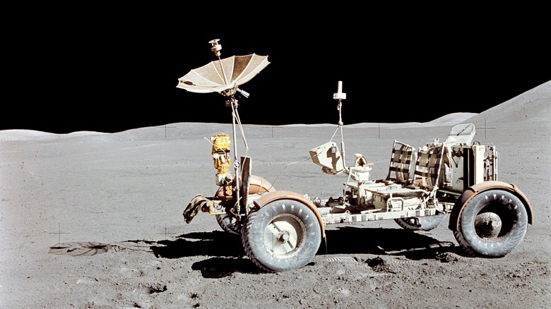The Lunar Rover Vehicle sits idle on the moon's surface during NASA's Apollo 15 mission
