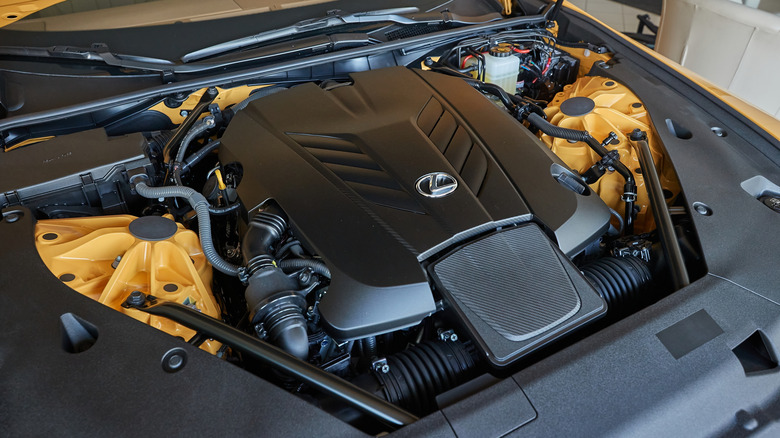 A close-up look of a Lexus LC 500 V8 engine.