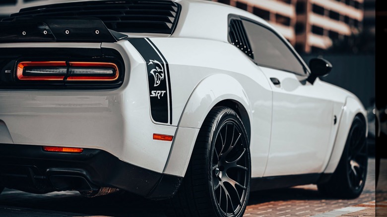A white Dodge Challenger SRT Hellcat.