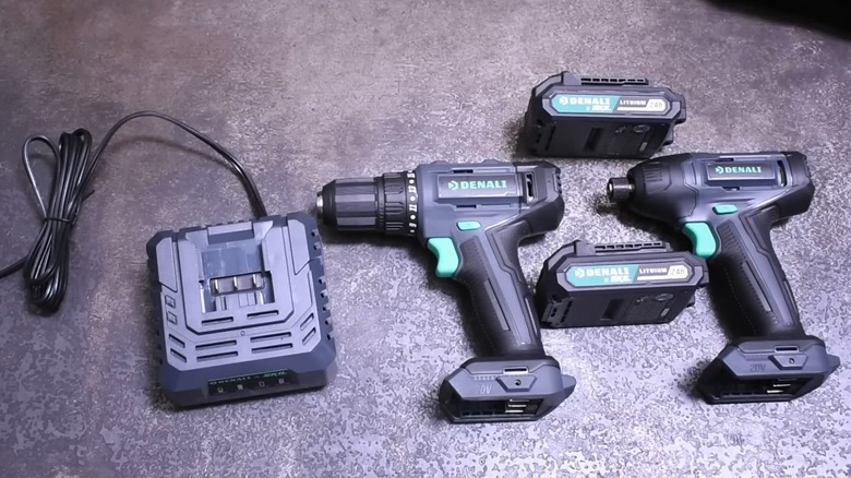Denali tools and batteries on a table.