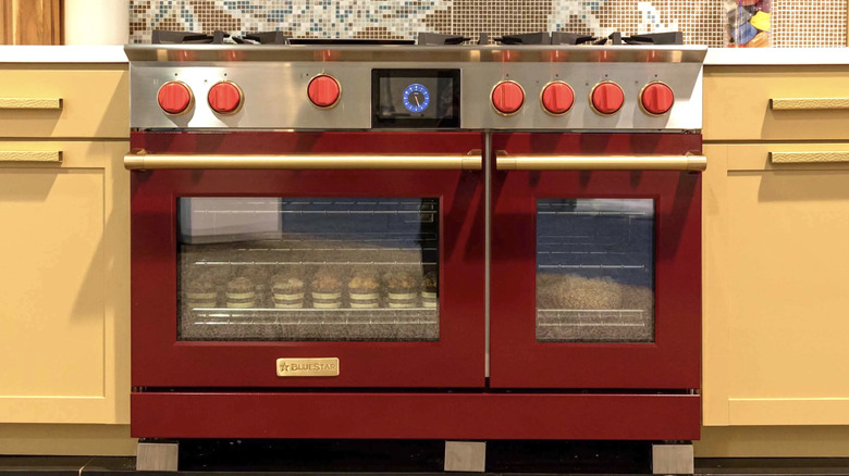 Red BlueStar oven and range set up in a modern kitchen