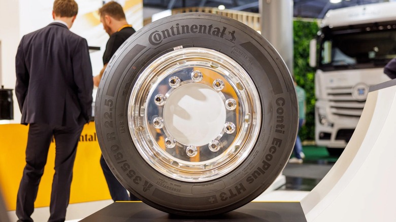 A Continental tire on display at a trade show