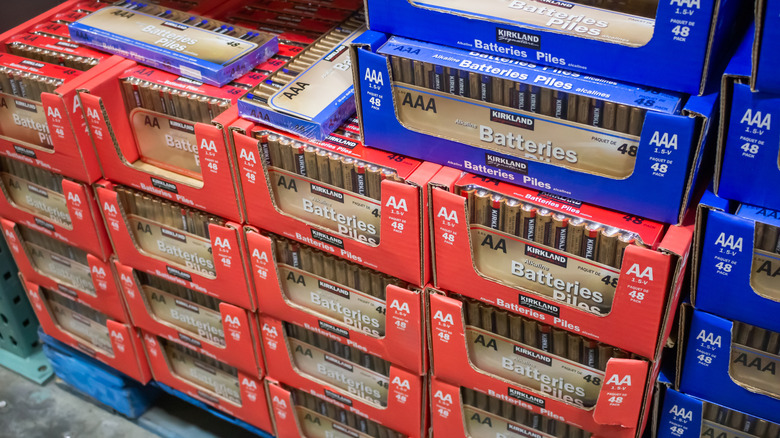 A view of several packages of Kirkland Signature batteries on display at a local Costco.