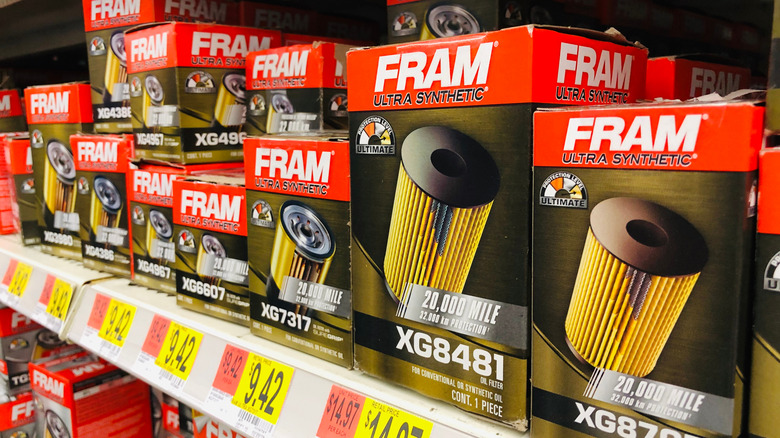 Fram oil filters on auto parts store shelf