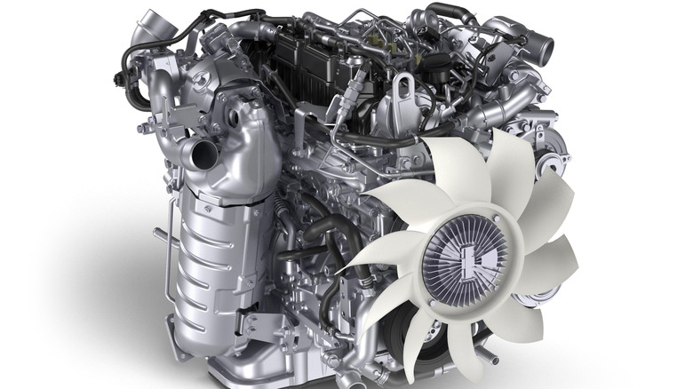 Close up view of the Isuzu RZ4E diesel engine