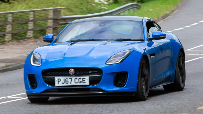 Front 3/4 view of blue Jaguar F-type coupe