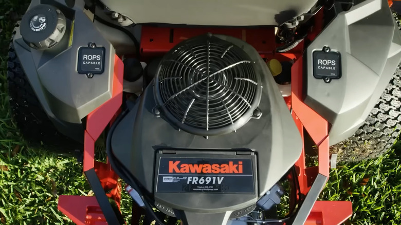 The top of a lawnmower sporting a Kawasaki FR691V engine