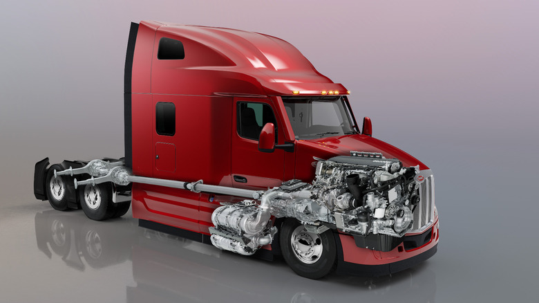 Peterbilt red truck showing an xray vision of engine inside