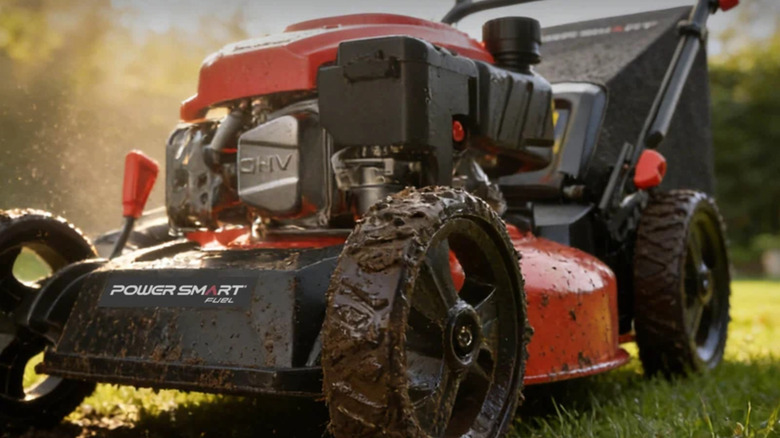 Close up of a 144cc gas push 3-in-1 PowerSmart lawn mower on grass, its wheels muddy