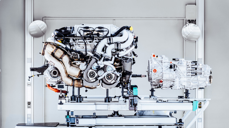Bugatti's quad-turbo W16 engine at the factory