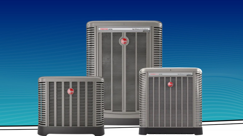 Various Rheem air conditioning units displayed against a multi-color background