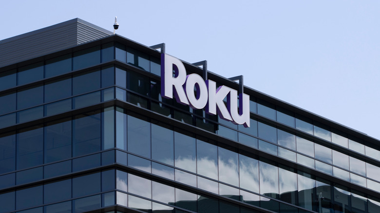 The Roku logo at the top of its headquarters in San Jose, California.