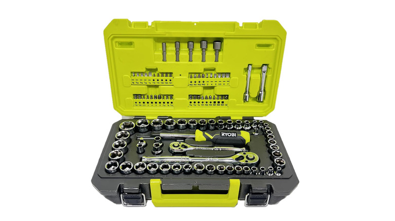 Open box picture of Ryobi socket set on a plain background