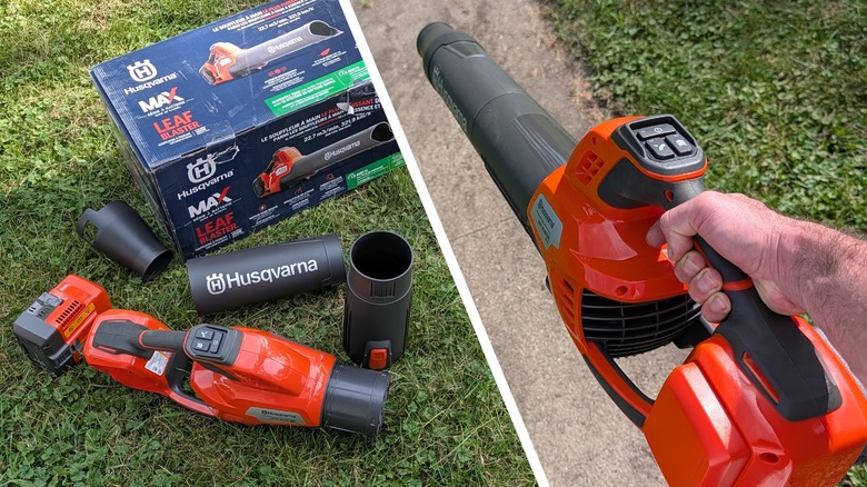Husqvarna leaf blower and box.