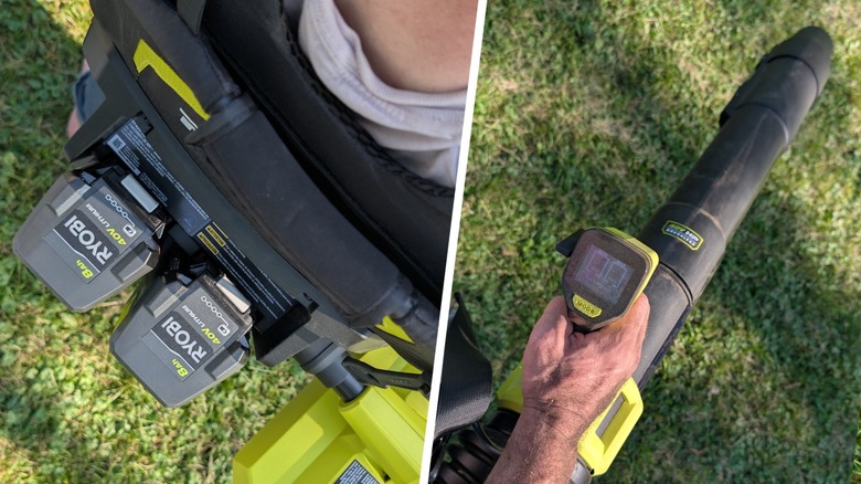 Split image with backpack and batteries and leaf blower.