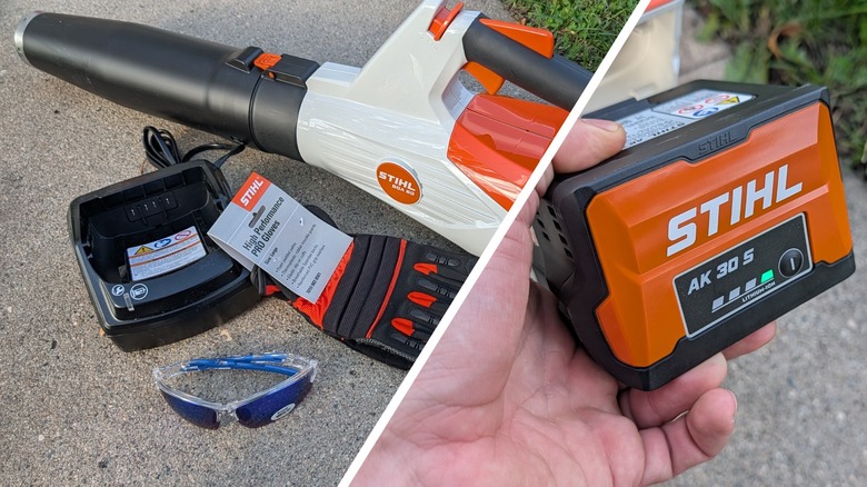 Stihl leaf blower in hand and Stihl battery.