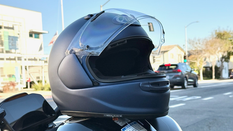 Arai Contour-X Helmet on top of a Kawasaki Motorcycle