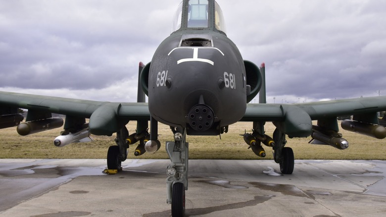 The front view of an A-10 Warthog showing a selection of armament.