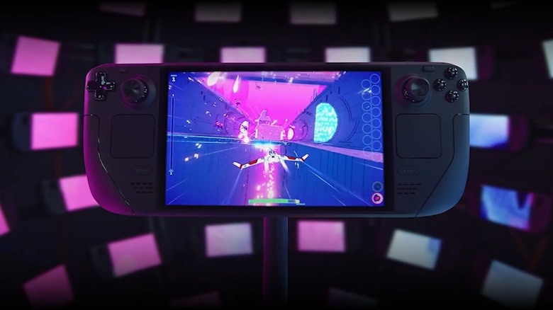 A Steam Deck Showing Gameplay With Colorful Background