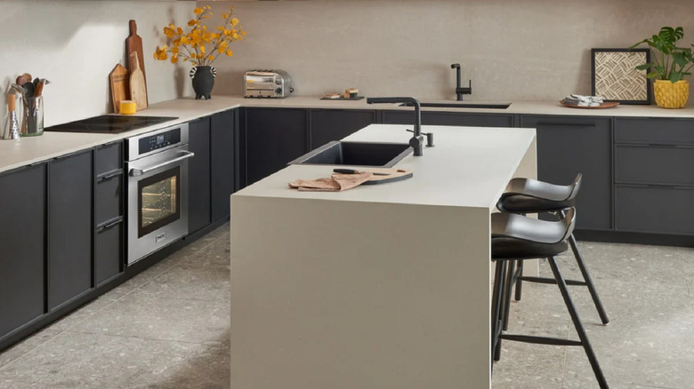 Wide view of a modern kitchen featuring Thor appliances
