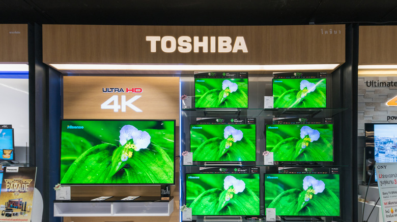 Toshiba TVs on display at a store.