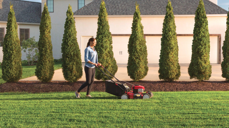 Person mowing lawn with at Troy-Bilt walk behind mower
