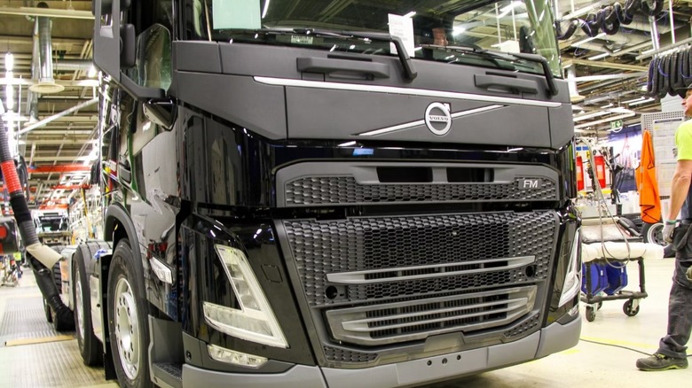 A Volvo truck cab in the factory