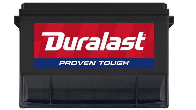 A Duralast car battery displaying the "Proven Tough" logo.